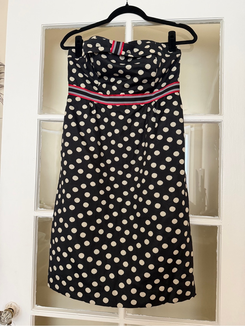 Maeve Navy and White Polka Dot Strapless Dress with Red-Trim Belt